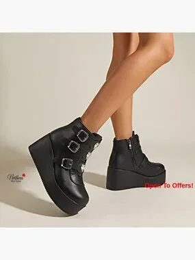 Shoes | Platform Chunky Ankle Boots Round Toe Zipper Wedges Buckle ...